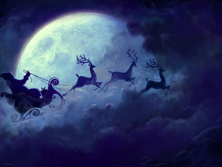 Santa Claus In Sleigh With Three Reindeer Over Moon Poster