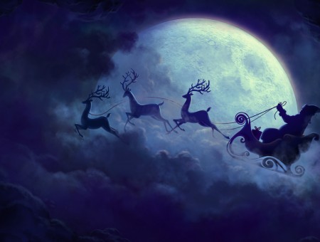 Santa On Sled With Reindeers At Night Photo