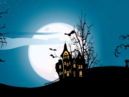House And Trees Silhouette Under White Moon Halloween Wallpaper