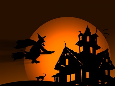 Silhouette Of Witch Flying Towards House Painting