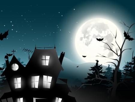 Black House Near Bats Flying Under Moonlight Illustration