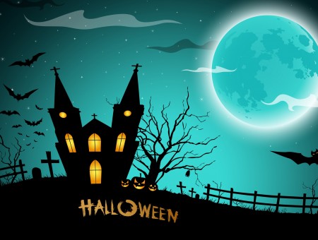 House On Hill With Full Moon And Bats Halloween Graphic