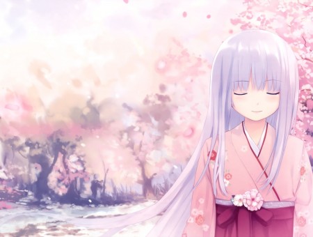 White Haired Female Anime Character In Pink Kimono