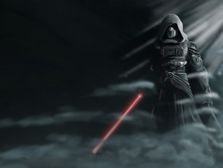 Person In Black Hoodie Holding Red Lightsaber Illustration