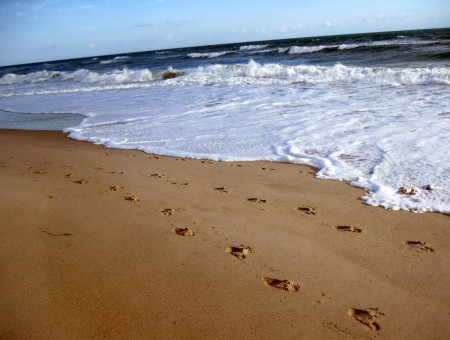 White Crashing Waves On Brown Sandy Shore With Footprints Wallpaper