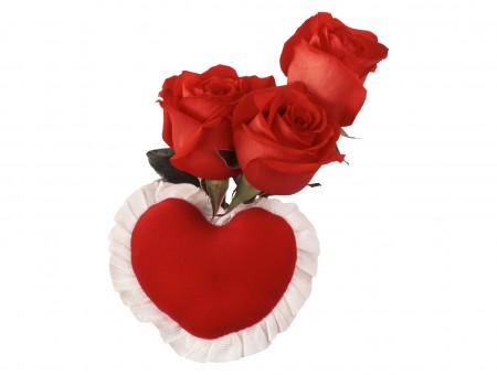 Red And White Stuffed Heart With Three Red Roses On The Top