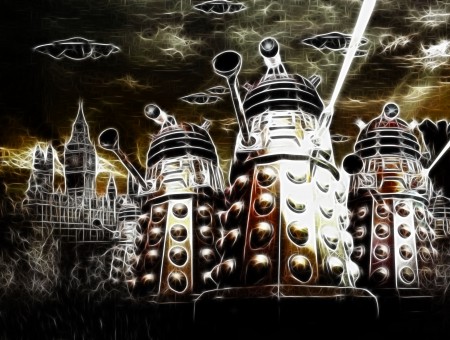 Dalek Robots With Spacecrafts Near Building Painting