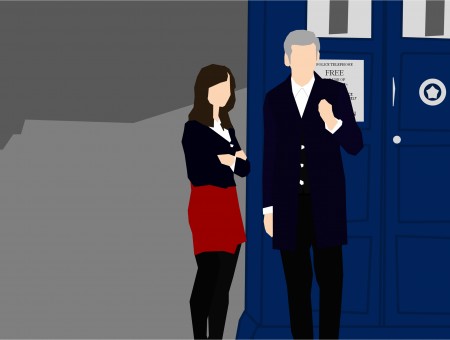 Man In Purple Blazer And Pants Next To Woman In Front Of Blue Door Illustration