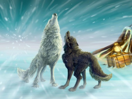 White And Brown Wolves Howling Illustration