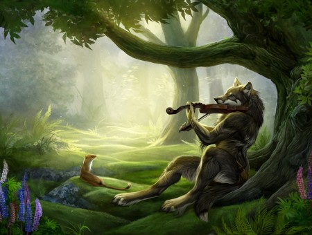 Wolf In Woods Playing Violin