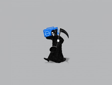 Grim Reaper Cartoon Holding A Blue Boom Box