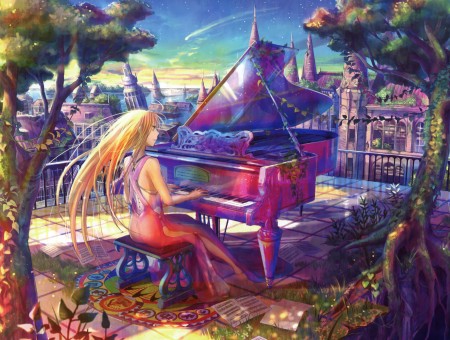 Yellow Haired Female Playing Piano Anime Character