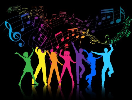 Group Of People Dancing With Colorful Music Notes