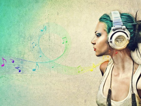 Woman In White Tank Top Wearing White Headphones Painting Music Note Background