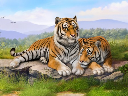 Painting Of Two Tigers Laying On A Rock In A Grass Field