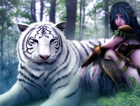 White Tiger Beside Female Anime Character Fan Art