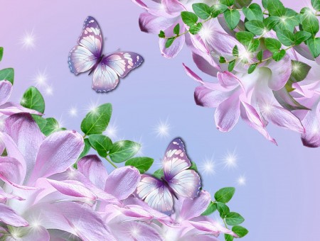 White And Purple Butterfly Beside Flowers Painting