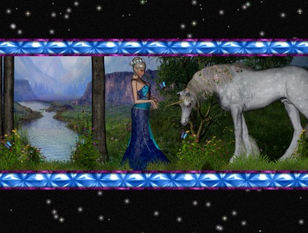 Woman In Blue Dress Standing In Front Of White Horse Illustration