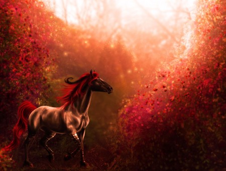 Brown Horse In Field Of Leaves Illustration