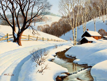 Snow Road To House By Brook Winter Painting