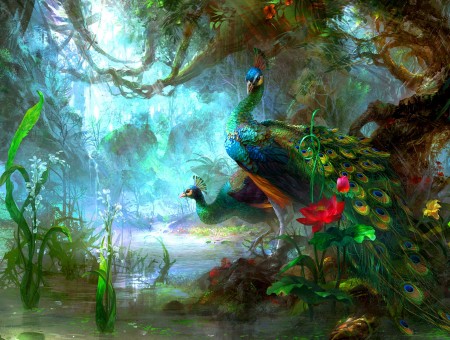 Peacock Under Tree Painting