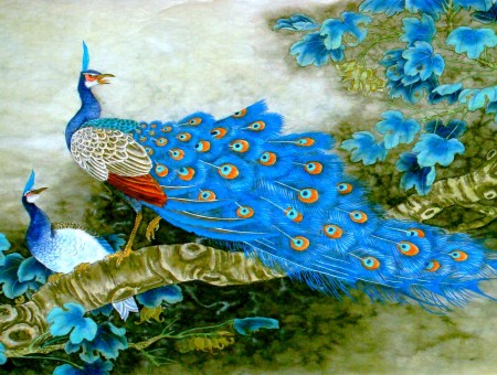 Blue Red And White Peacock Painting