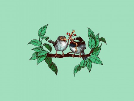 2 Birds Perched On Branch Illustration