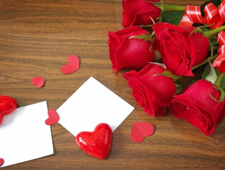 Red Roses Near Red Heart Gems With White Notes
