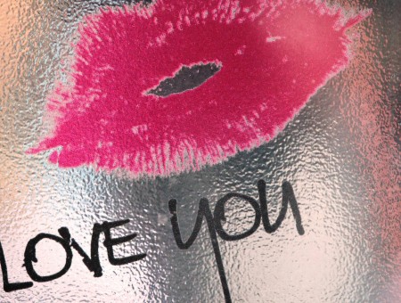 Love You Text With Red Lipstick Kiss Mark On Glass