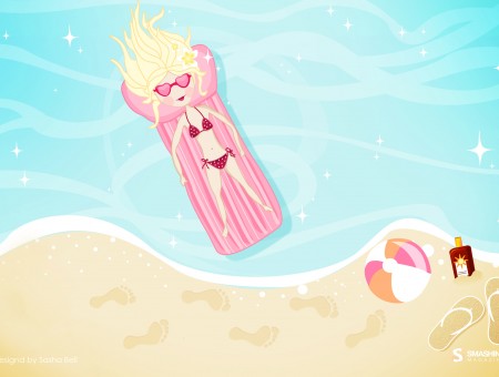 Woman In Red Bikini Laying On Pink Plastic Lounger Cartoon Character