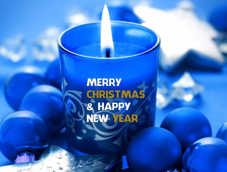 Merry Christmas And Happy New Year Blue And White Candle Poster