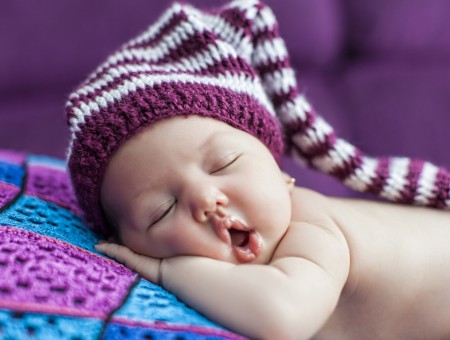Baby's Purple And White Knit Cap