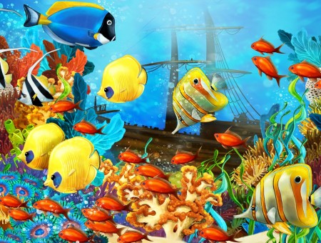 Illustration Of Multicolor Tropical Fish Surrounding Sunken Brown Wood Ship