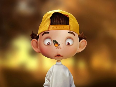 Boy Wearing Yellow Baseball Cap With Butterfly On Nose 3d Character