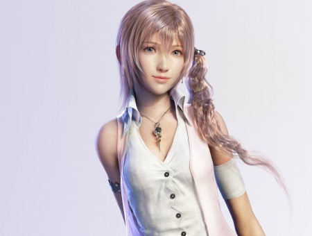 Animated Woman With Brown Hair In White Button Up Sleeveless Shirt