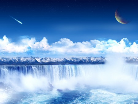 Waterfall And Crescent Moon Artwork