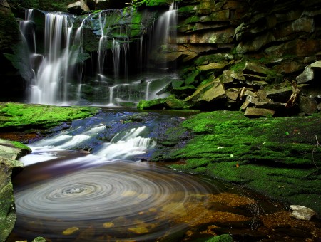 Waterfall Over Moss Rock Wall Landscape Photography