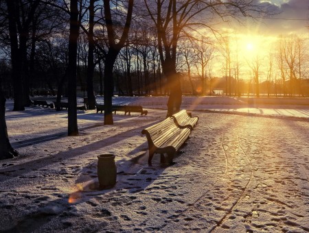 Brown Wooden Bench On Snow During Sunset