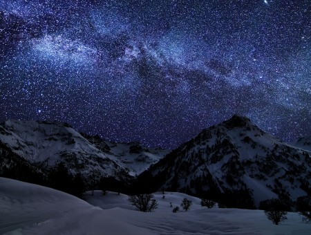 Snow Covered Mountains Under Blue And White Star Stud Sky During Night