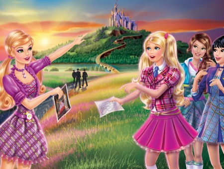 Female Cartoon Character Pointing On Castle While Showing A Picture To Other 3 Girls