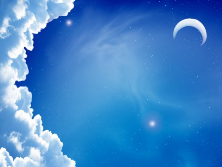 Crescent Moon With White Clouds In Blue Sky