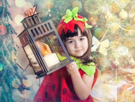 Girl In Strawberry Fruit Costume Holding Candle Holder