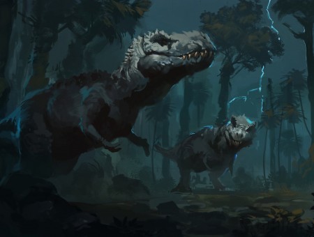 2 Dinosaurs On Forest Painting