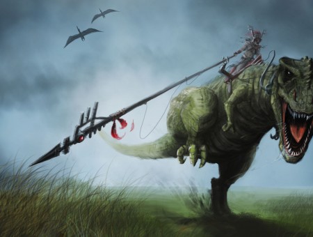 Person With Spear Riding T-rex