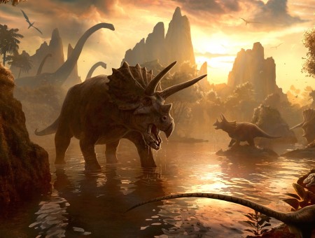 Dinosaurs On Body Of Water Near Mountains During Sunset Illustration