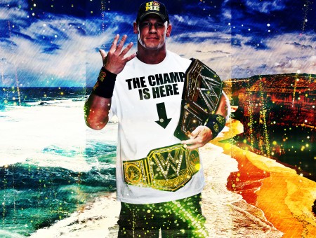 John Cena In White The Champ Is Here T-shirt With Blue Ocean Water Background