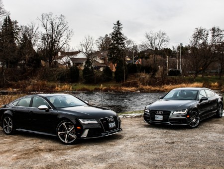 2 Black Audi Cars Parked On Dirt Road Near House