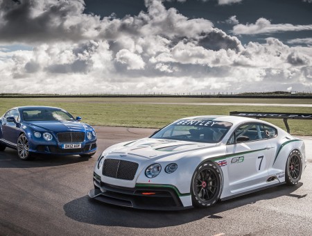 White And Blue Bentley Continentals Gt3 On Paved Road