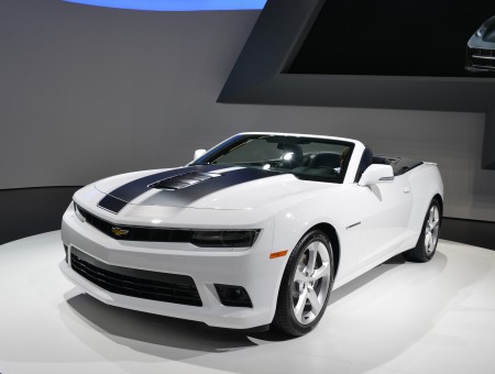 White Chevrolet Camaro Convertible With Black Racing Stripes