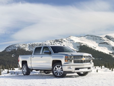 Gray Chevrolet Pickup Truck Beside Snow Capped Mountains